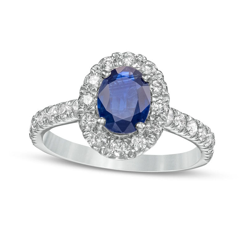 Image of ID 1 Oval Blue Sapphire and 063 CT TW Natural Diamond Frame Ring in Solid 14K White Gold