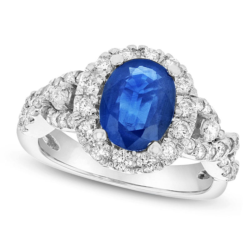 Image of ID 1 Oval Blue Sapphire and 063 CT TW Natural Diamond Frame Side Accent Twisted Split Shank Engagement Ring in Solid 14K White Gold