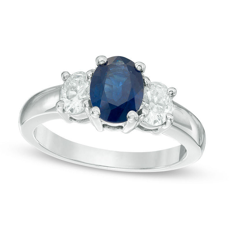 Image of ID 1 Oval Blue Sapphire and 063 CT TW Oval Natural Diamond Three Stone Ring in Solid 14K White Gold