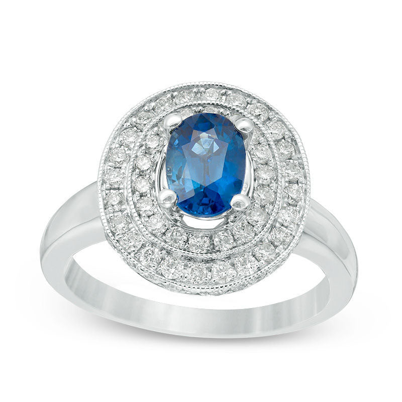 Image of ID 1 Oval Blue Sapphire and 075 CT TW Natural Diamond Double Frame Antique Vintage-Style Ring in Solid 14K White Gold (H/I1)