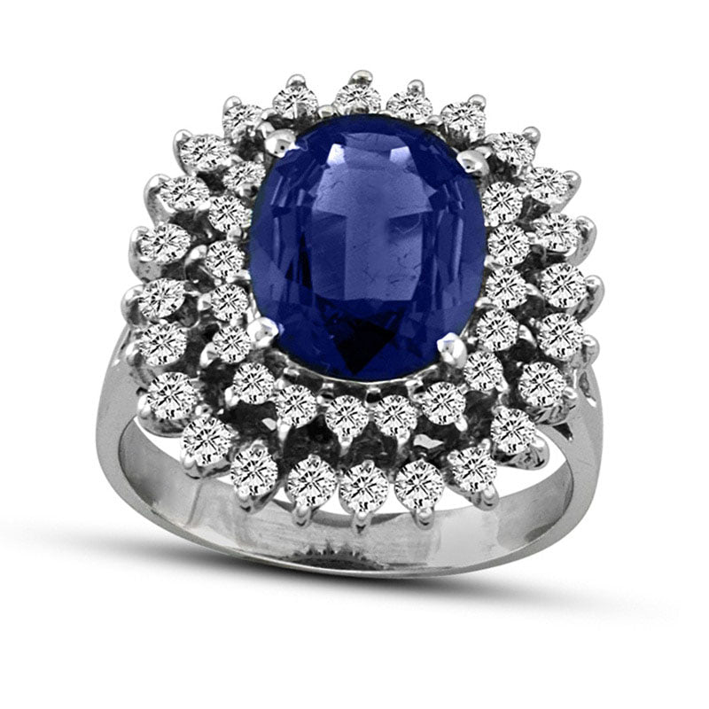 Image of ID 1 Oval Blue Sapphire and 075 CT TW Natural Diamond Double Sunburst Frame Ring in Solid 14K White Gold