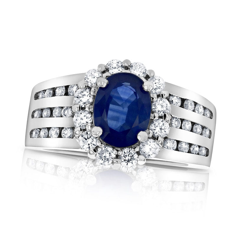 Image of ID 1 Oval Blue Sapphire and 075 CT TW Natural Diamond Frame Channel-Set Triple Row Engagement Ring in Solid 14K White Gold