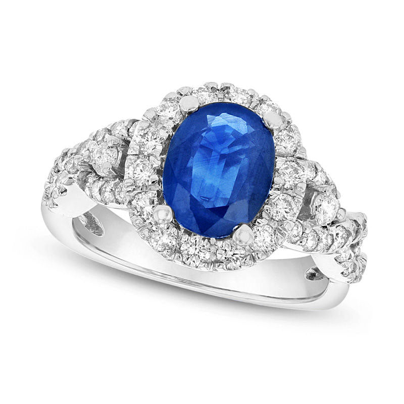 Image of ID 1 Oval Blue Sapphire and 075 CT TW Natural Diamond Frame Twist Shank Ring in Solid 14K White Gold