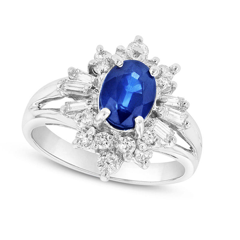 Image of ID 1 Oval Blue Sapphire and 075 CT TW Natural Diamond Starburst Frame Split Shank Ring in Solid 14K White Gold