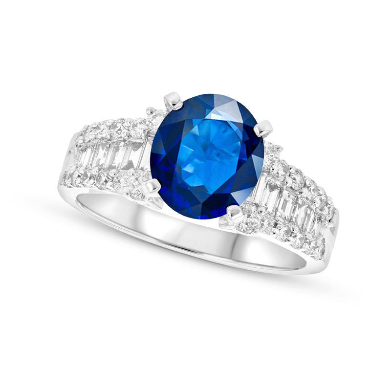 Image of ID 1 Oval Blue Sapphire and 075 CT TW Natural Diamond Triple Row Ring in Solid 18K White Gold