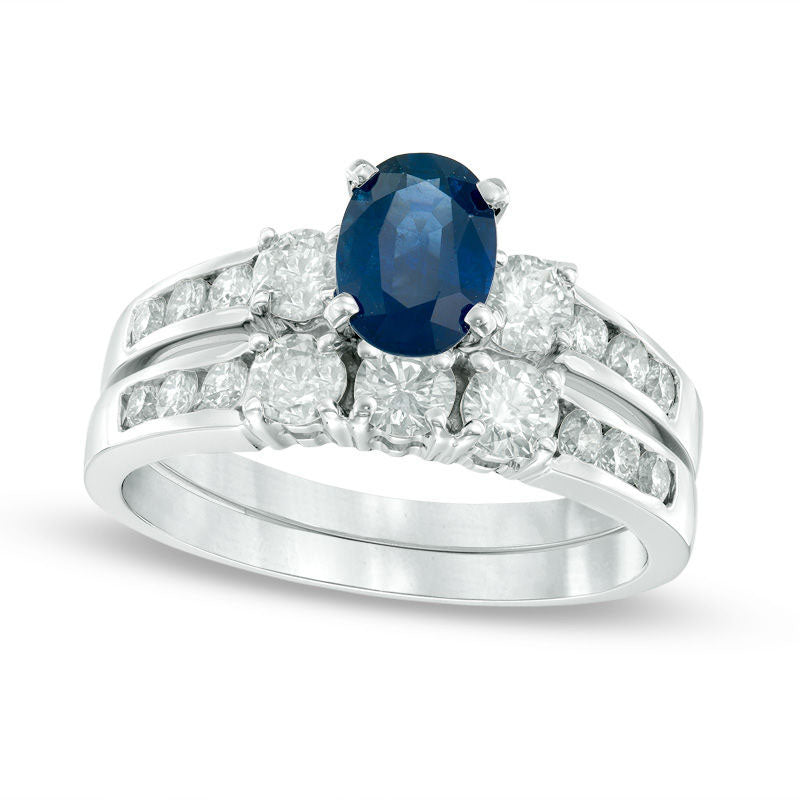 Image of ID 1 Oval Blue Sapphire and 088 CT TW Natural Diamond Three Stone Bridal Engagement Ring Set in Solid 14K White Gold
