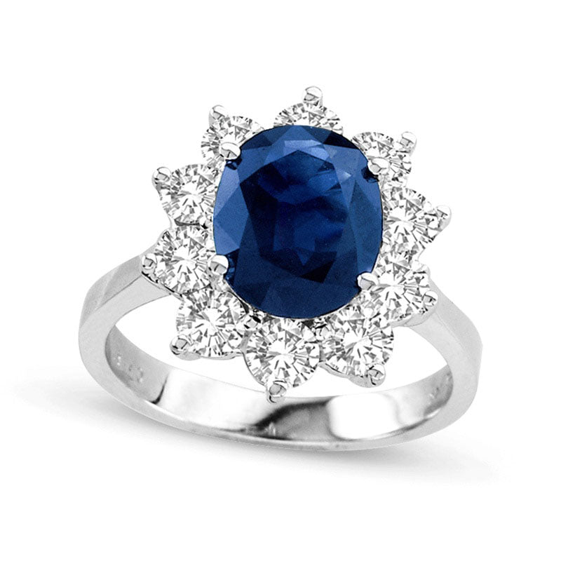 Image of ID 1 Oval Blue Sapphire and 15 CT TW Natural Diamond Frame Engagement Ring in Solid 14K White Gold