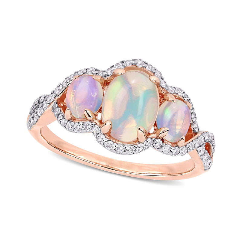 Image of ID 1 Oval Cabochon Opal and 033 CT TW Natural Diamond Frame Three Stone Twist Shank Ring in Solid 10K Rose Gold
