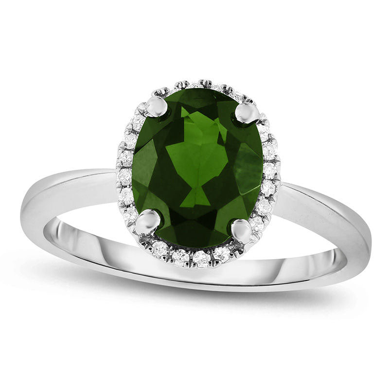 Image of ID 1 Oval Chrome Diopside and Natural Diamond Accent Frame Ring in Solid 14K White Gold - Size 7