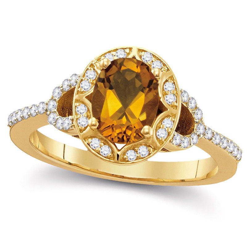 Image of ID 1 Oval Citrine and 025 CT TW Natural Diamond Frame Buckle Ring in Solid 10K Yellow Gold