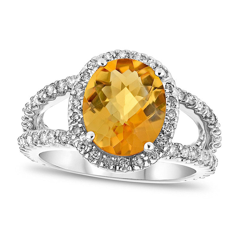 Image of ID 1 Oval Citrine and 088 CT TW Natural Diamond Frame Split Shank Ring in Solid 14K White Gold