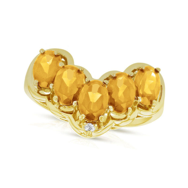 Image of ID 1 Oval Citrine and Natural Diamond Accent Five Stone Chevron Ring in Solid 14K Gold