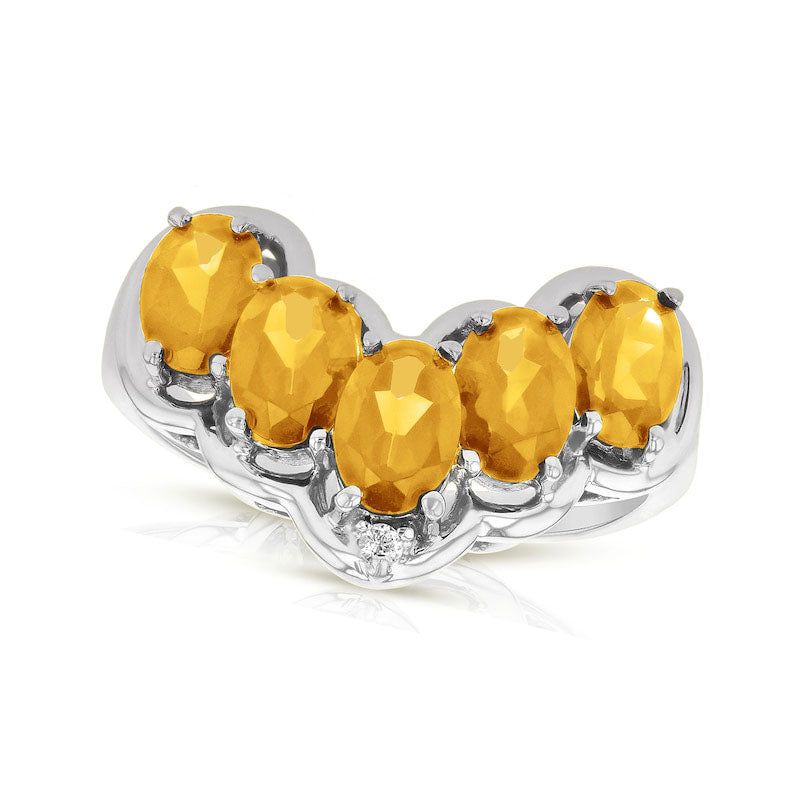 Image of ID 1 Oval Citrine and Natural Diamond Accent Five Stone Chevron Ring in Solid 14K White Gold