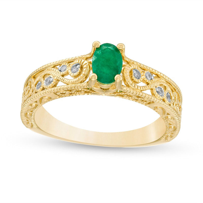 Image of ID 1 Oval Emerald and 005 CT TW Natural Diamond Scroll Open Shank Antique Vintage-Style Ring in Solid 10K Yellow Gold