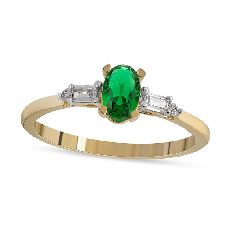Image of ID 1 Oval Emerald and 010 CT TW Baguette and Round Natural Diamond Side Accent Ring in Solid 10K Yellow Gold