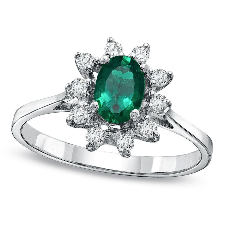 Image of ID 1 Oval Emerald and 014 CT TW Natural Diamond Frame Engagement Ring in Solid 14K White Gold