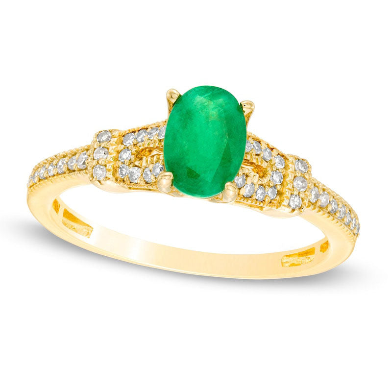 Image of ID 1 Oval Emerald and 017 CT TW Natural Diamond Collar Antique Vintage-Style Ring in Solid 10K Yellow Gold