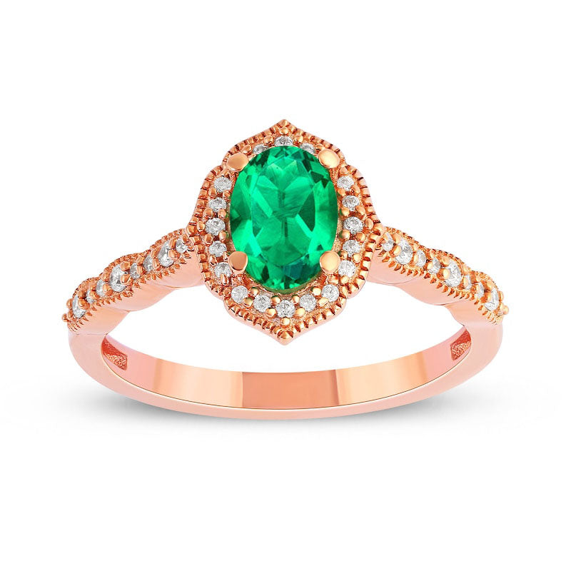 Image of ID 1 Oval Emerald and 017 CT TW Natural Diamond Quatrefoil Frame Antique Vintage-Style Ring in Solid 10K Rose Gold
