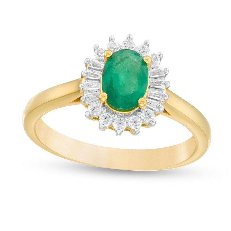 Image of ID 1 Oval Emerald and 020 CT TW Baguette and Round Natural Diamond Starburst Frame Ring in Solid 10K Yellow Gold