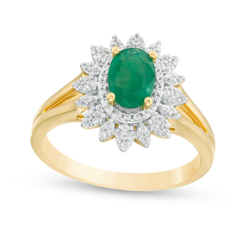 Image of ID 1 Oval Emerald and 020 CT TW Natural Diamond Flower Frame Split Shank Ring in Solid 10K Yellow Gold