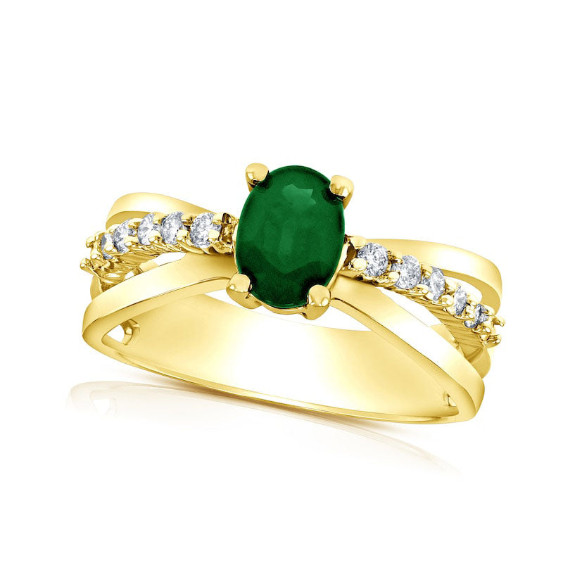 Image of ID 1 Oval Emerald and 020 CT TW Natural Diamond Triple Row Split Shank Ring in Solid 14K Gold