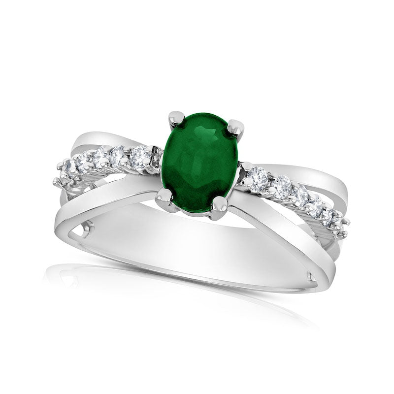 Image of ID 1 Oval Emerald and 020 CT TW Natural Diamond Triple Row Split Shank Ring in Solid 14K White Gold