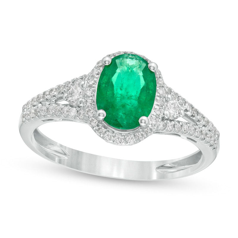 Image of ID 1 Oval Emerald and 025 CT TW Natural Diamond Frame Split Shank Ring in Solid 14K White Gold