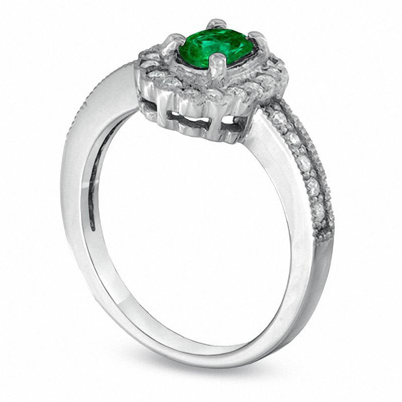 Image of ID 1 Oval Emerald and 025 CT TW Natural Diamond Scallop Frame Engagement Ring in Solid 14K White Gold