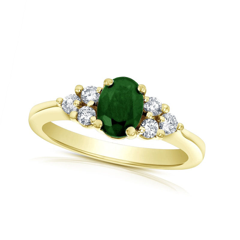 Image of ID 1 Oval Emerald and 033 CT TW Natural Diamond Tri-Sides Engagement Ring in Solid 14K Gold