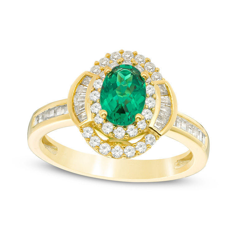 Image of ID 1 Oval Emerald and 038 CT TW Natural Diamond Double Frame Collar Ring in Solid 10K Yellow Gold