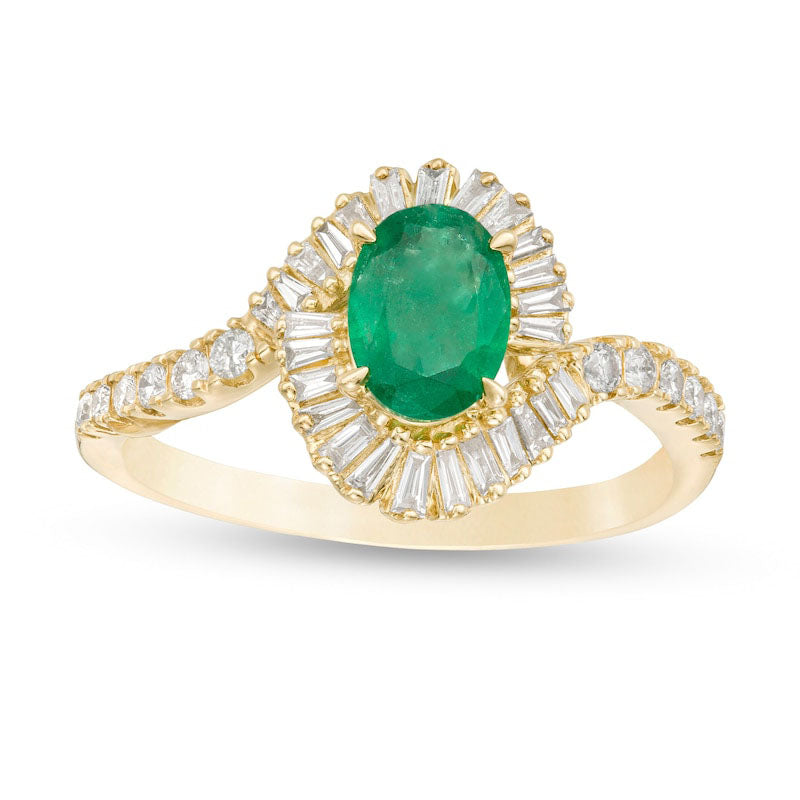 Image of ID 1 Oval Emerald and 038 CT TW Natural Diamond Frame Bypass Ring in Solid 10K Yellow Gold
