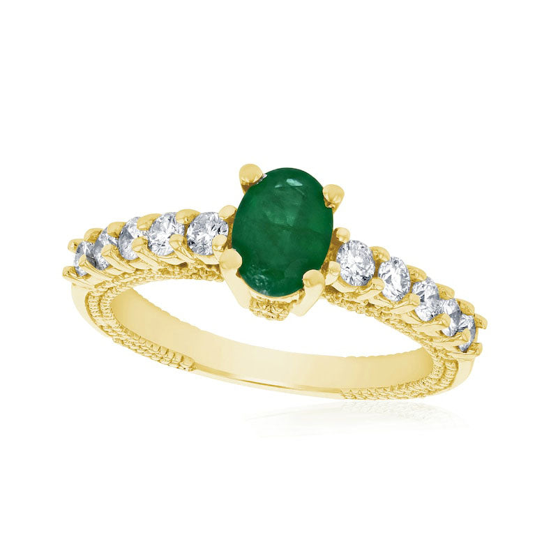 Image of ID 1 Oval Emerald and 050 CT TW Natural Diamond Antique Vintage-Style Engagement Ring in Solid 14K Gold
