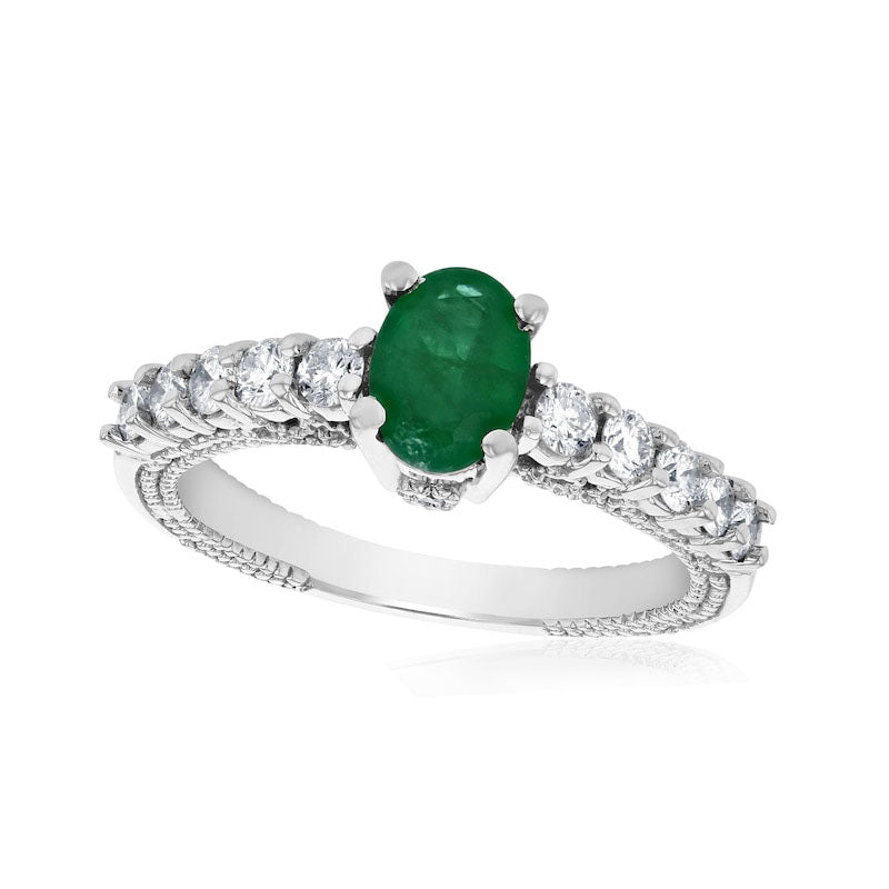Image of ID 1 Oval Emerald and 050 CT TW Natural Diamond Antique Vintage-Style Engagement Ring in Solid 14K White Gold