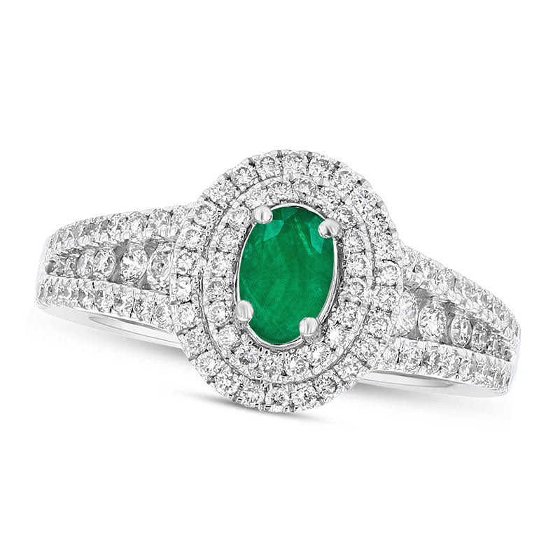 Image of ID 1 Oval Emerald and 063 CT TW Natural Diamond Double Frame Split Shank Engagement Ring in Solid 18K White Gold