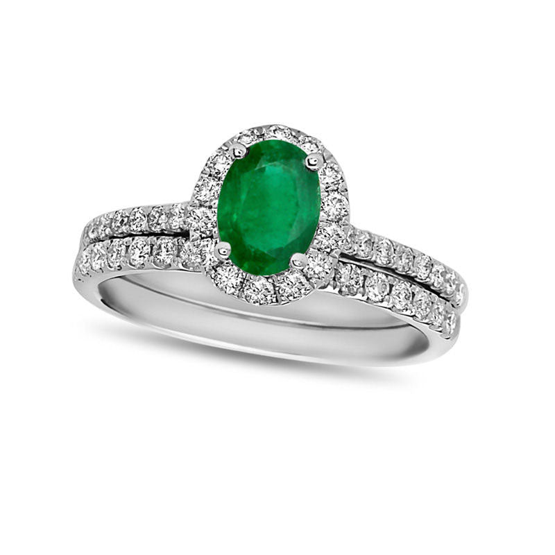 Image of ID 1 Oval Emerald and 063 CT TW Natural Diamond Frame Bridal Engagement Ring Set in Solid 14K White Gold