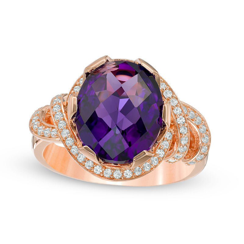 Image of ID 1 Oval Faceted Amethyst and 033 CT TW Natural Diamond Ribbon Frame Ring in Solid 10K Rose Gold