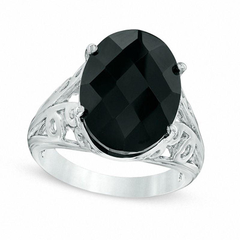 Image of ID 1 Oval Faceted Onyx Split Shank Ring in Solid 10K White Gold