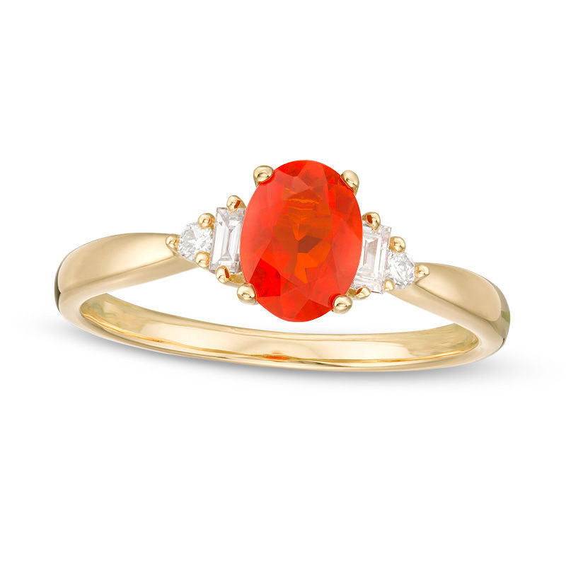 Image of ID 1 Oval Fire Opal and 010 CT TW Baguette Natural Diamond Ring in Solid 14K Gold