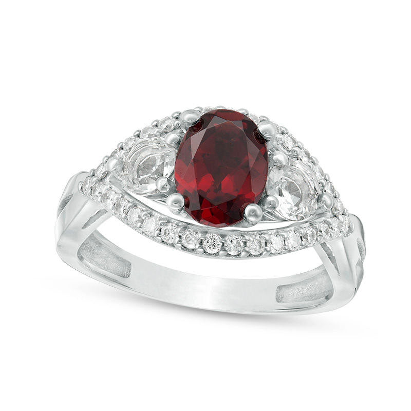 Image of ID 1 Oval Garnet White Topaz and 025 CT TW Natural Diamond Three Stone Frame Crossover Shank Ring in Solid 10K White Gold