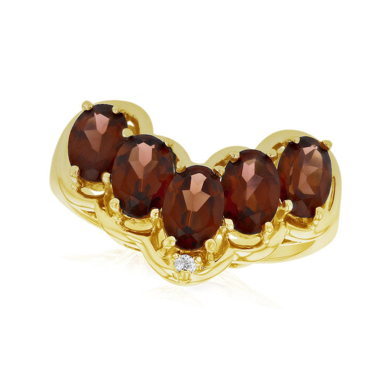 Image of ID 1 Oval Garnet and Natural Diamond Accent Five Stone Chevron Ring in Solid 14K Gold