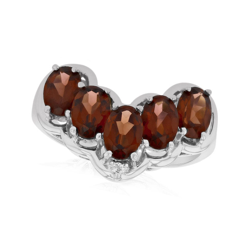 Image of ID 1 Oval Garnet and Natural Diamond Accent Five Stone Chevron Ring in Solid 14K White Gold