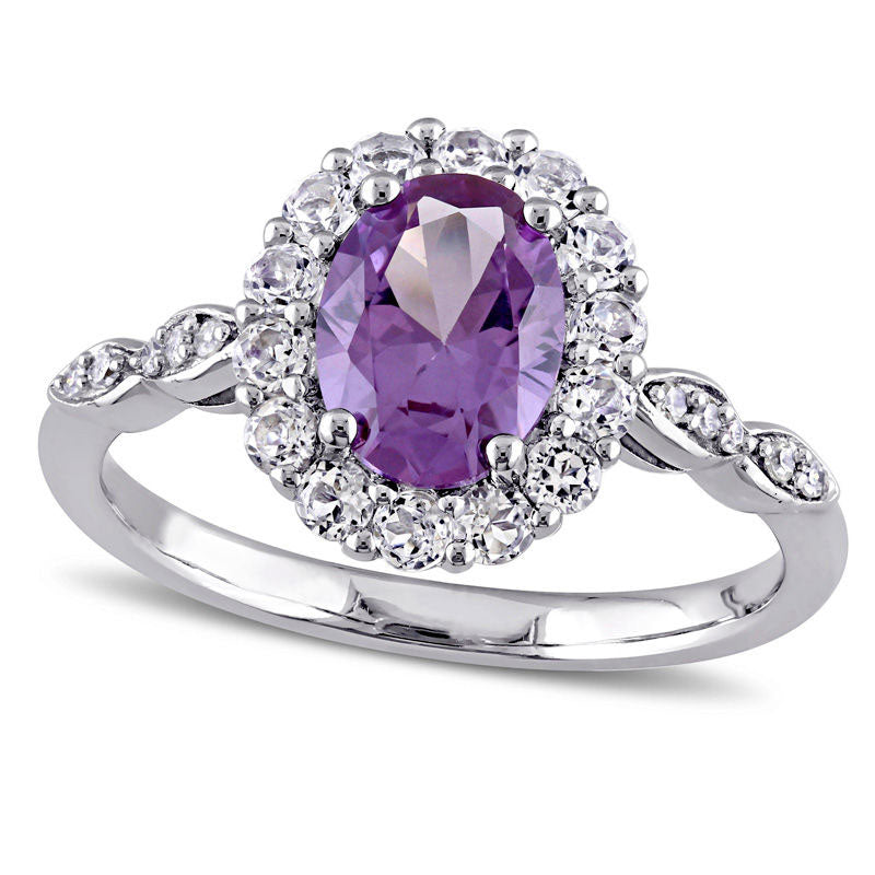 Image of ID 1 Oval Lab-Created Alexandrite White Topaz and Diamond Accent Frame Ring in Solid 14K White Gold