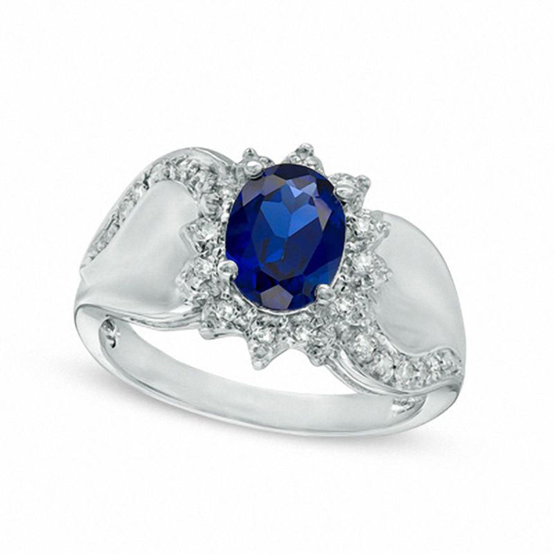 Image of ID 1 Oval Lab-Created Blue Sapphire and 010 CT TW Diamond Sunburst Frame Swirl Ring in Solid 10K White Gold