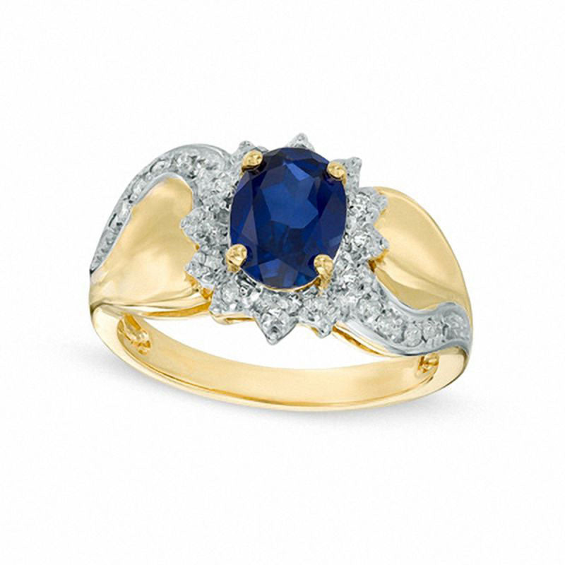 Image of ID 1 Oval Lab-Created Blue Sapphire and 010 CT TW Diamond Sunburst Frame Swirl Ring in Solid 10K Yellow Gold