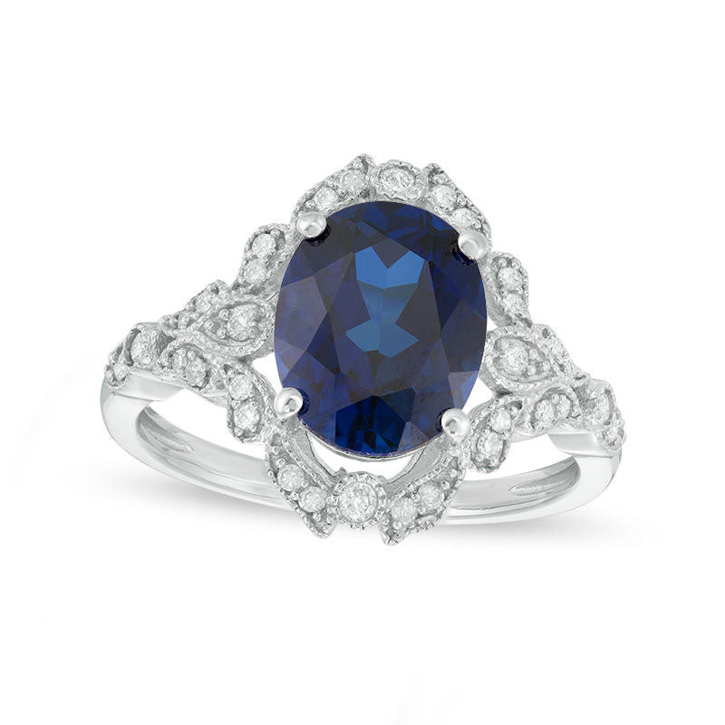 Image of ID 1 Oval Lab-Created Blue Sapphire and 020 CT TW Diamond Antique Vintage-Style Frame Ring in Solid 10K White Gold
