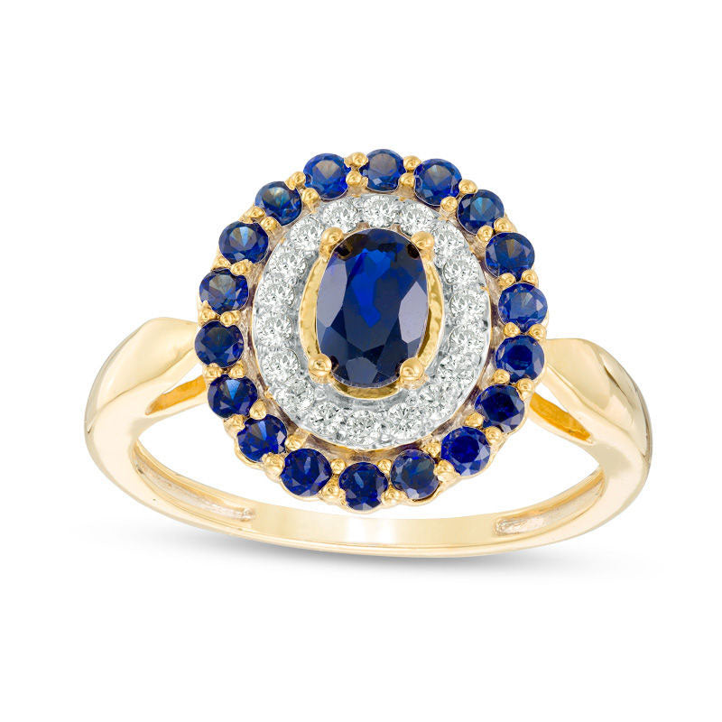 Image of ID 1 Oval Lab-Created Blue Sapphire and 020 CT TW Diamond Double Frame Ring in Solid 10K Yellow Gold