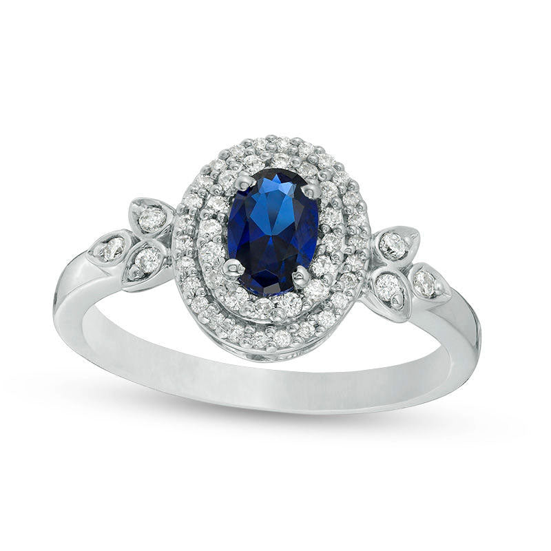 Image of ID 1 Oval Lab-Created Blue Sapphire and 025 CT TW Diamond Double Frame Ring in Solid 10K White Gold