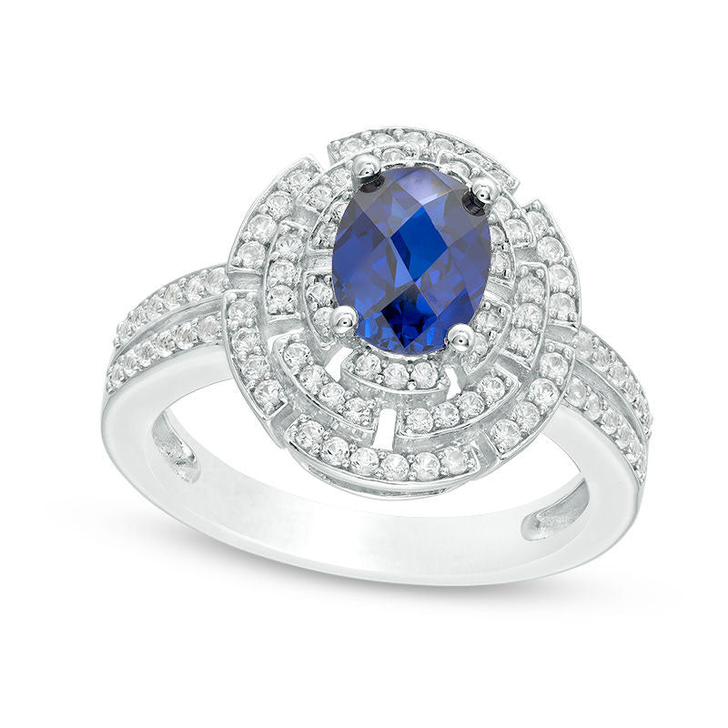 Image of ID 1 Oval Lab-Created Blue Sapphire and 050 CT TW Diamond Art Deco Frame Ring in Sterling Silver