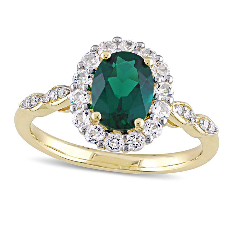 Image of ID 1 Oval Lab-Created Emerald White Topaz and Diamond Accent Frame Ring in Solid 14K Gold