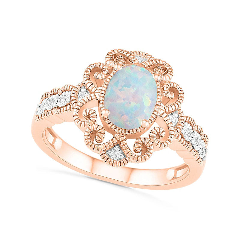 Image of ID 1 Oval Lab-Created Opal and 005 CT TW Diamond Scroll Frame Scallop Shank Antique Vintage-Style Ring in Solid 10K Rose Gold